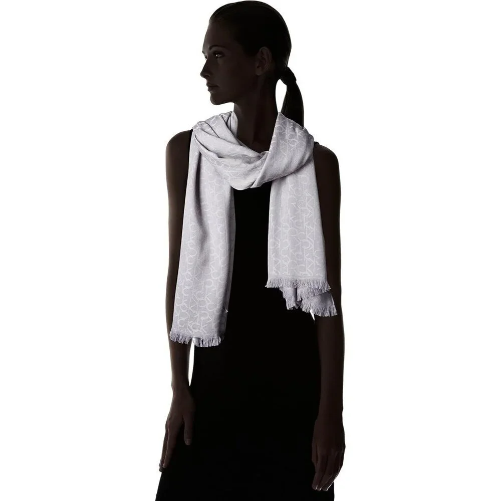 Women's Heathered Grey Lightweight Pashmina Scarf Tonal Logo Pattern shawl
